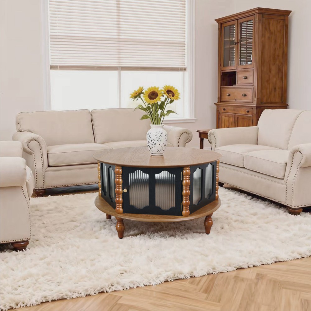 31.5 in Round Three-Door Storage Coffee Table Real Wood Veneer Coffee Table