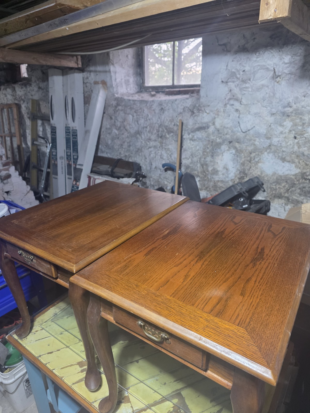 Pair Wood End & Side Tables, 1 Drawer Each, Brown Medium Wood Square Top