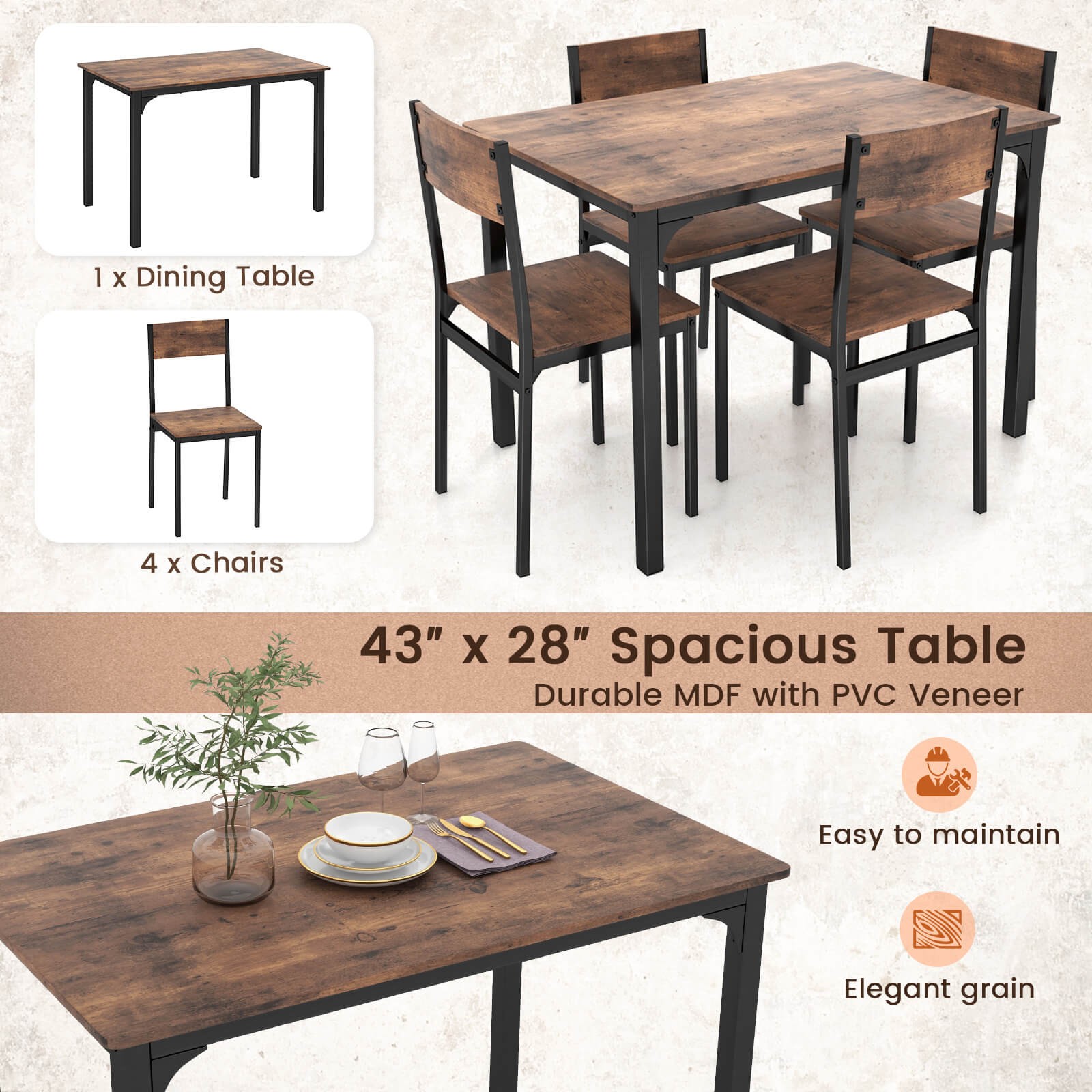 5 Piece Dining Table Set Industrial Style Kitchen Table & Chairs for 4 Grey