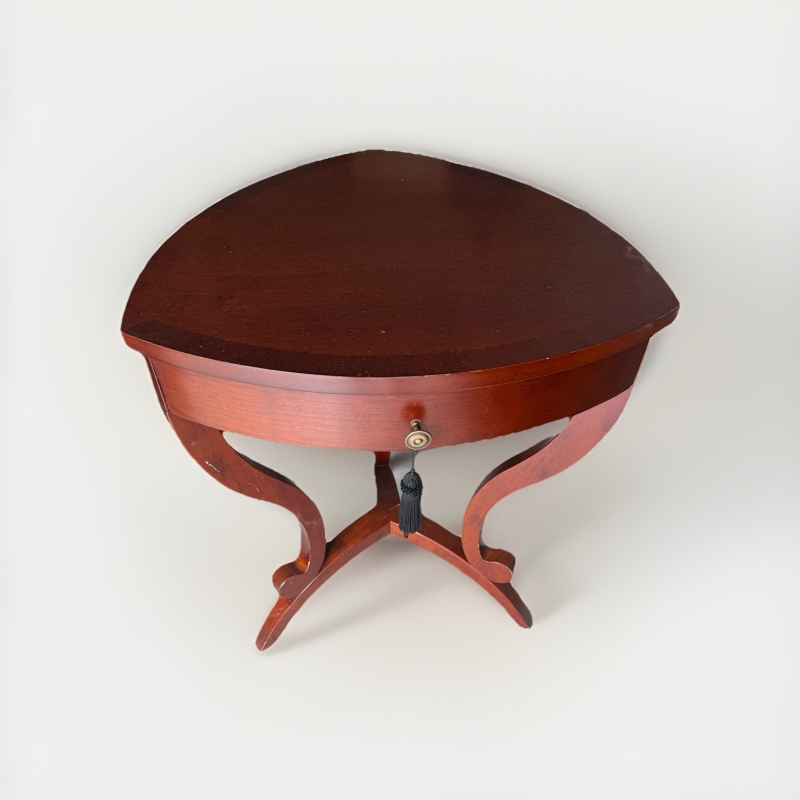 Bombay Round Wood Indoor End Side Table, Pedestal Base, 1 Drawer Brass Knob