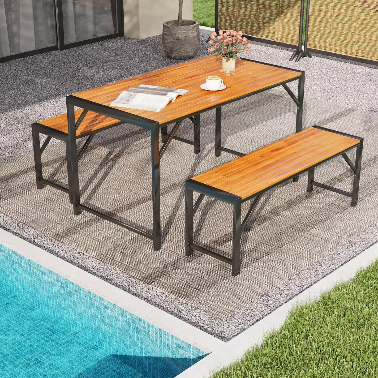 3 PCS Patio Dining Set for 6 People 53″ Acacia Wood Picnic Table & 2 Benches