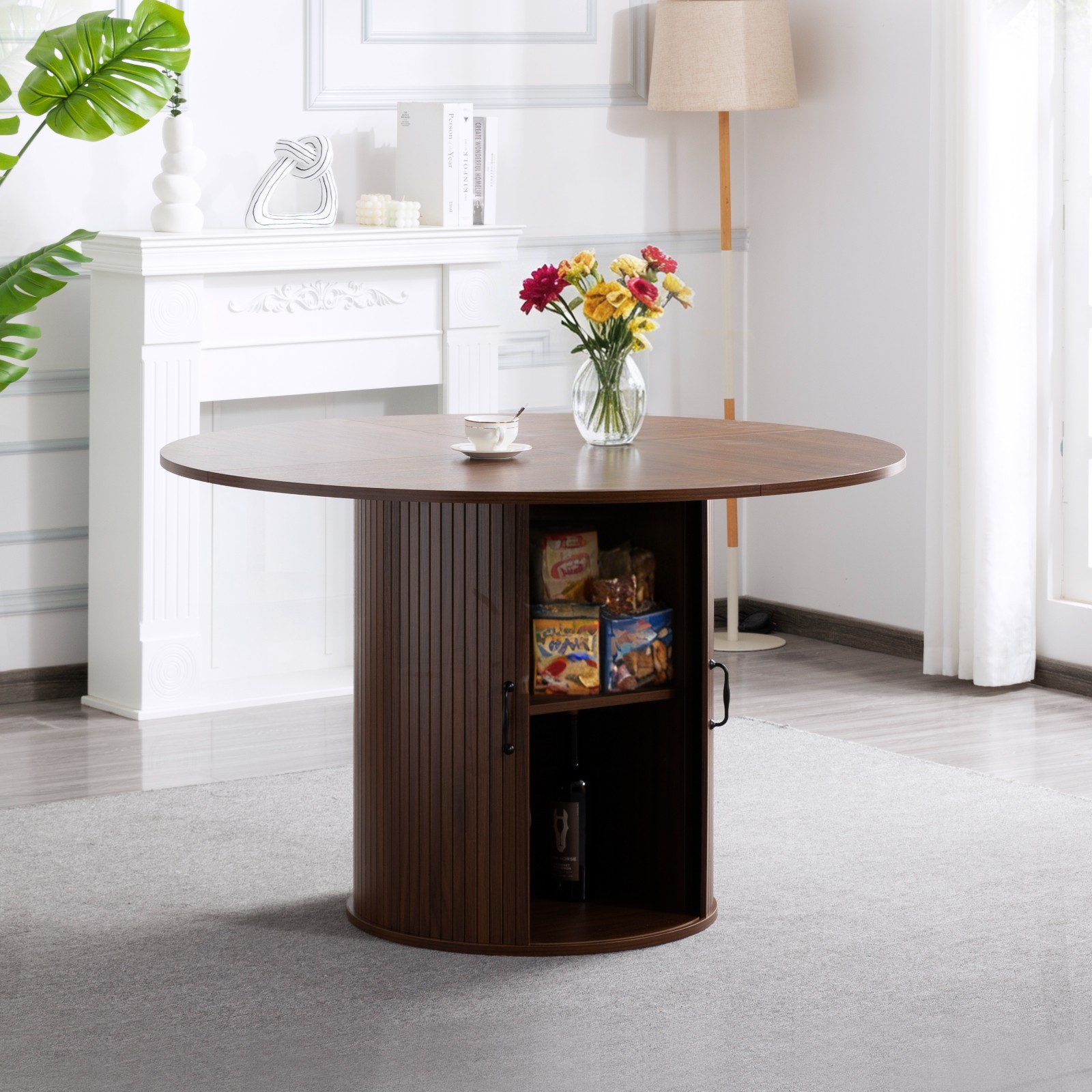 Extendable Round Dining Table Walnut Oval Kitchen Table Seats 4-6