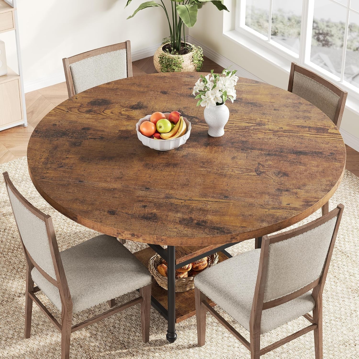 Farmhouse Dining Table ,47in Round Kitchen Table Dinner Table w/ Storage Shelves