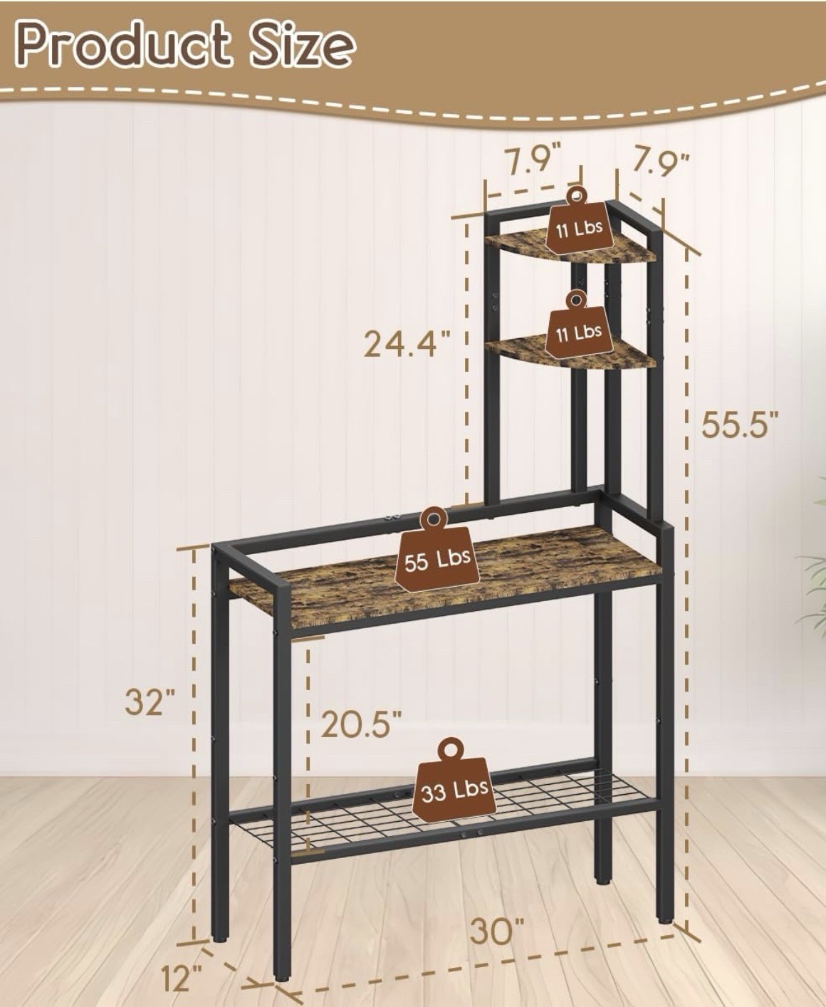 Console Table w/ Open Shelving & Adjustable Feet, Brown/Black 55.5in H