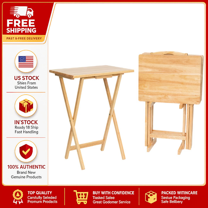 Mainstays 5-Piece Rubberwood Folding TV Tray Table Set of 4 with Storage Rack, N