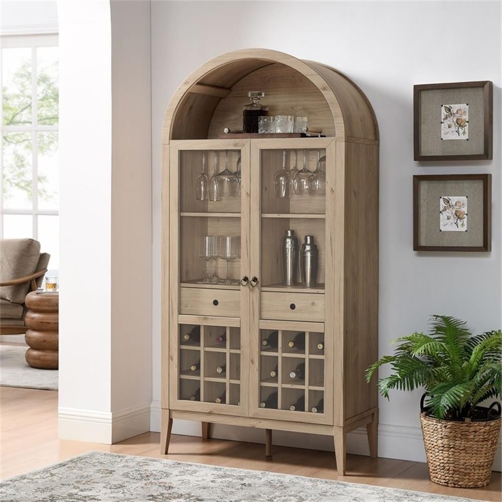 Maklaine Contemporary Wood Grain Laminated Arched Bar Cabinet in Light Oak