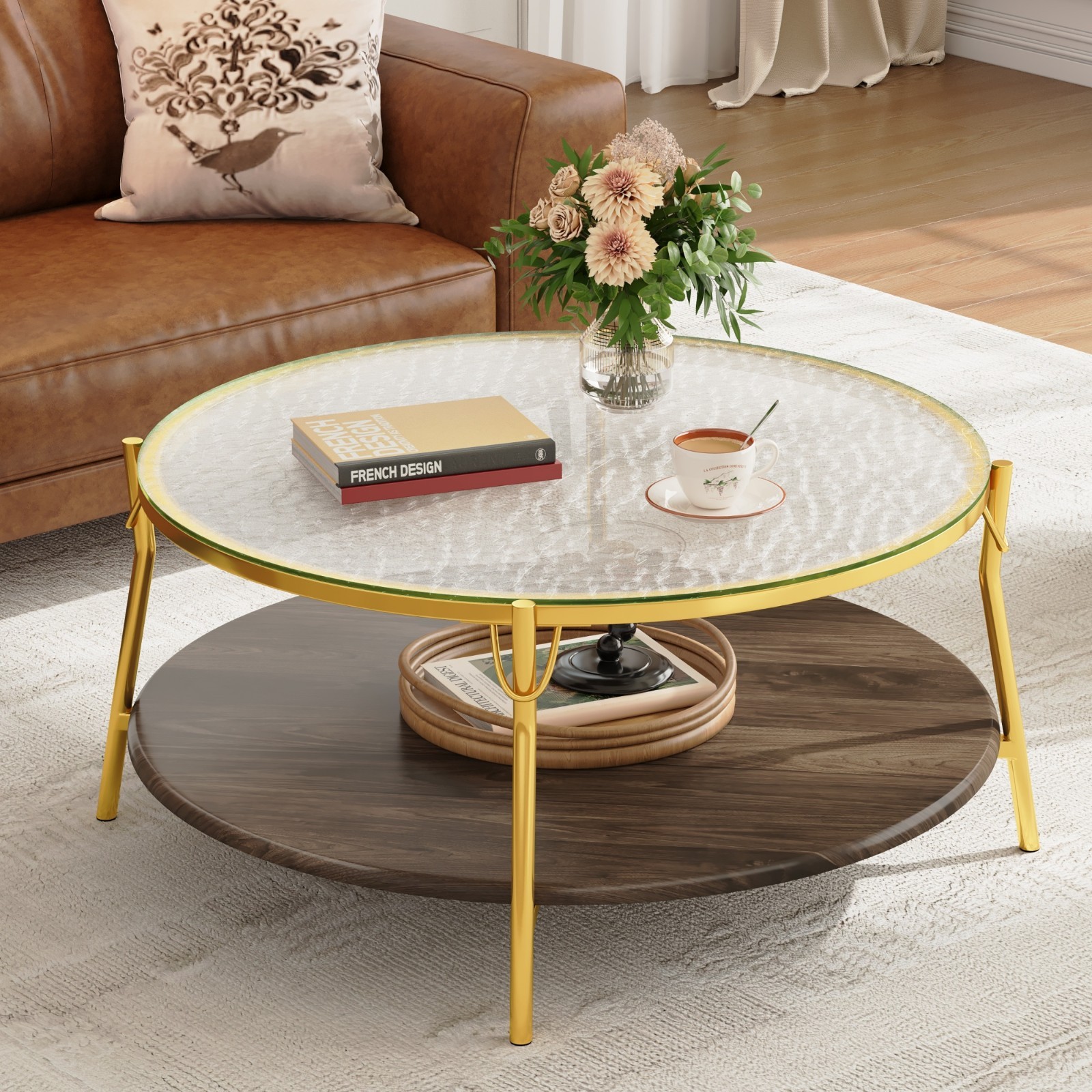 Modern 2Tier Walnut Round Coffee Table Glass Top Center Table With Storage Shelf