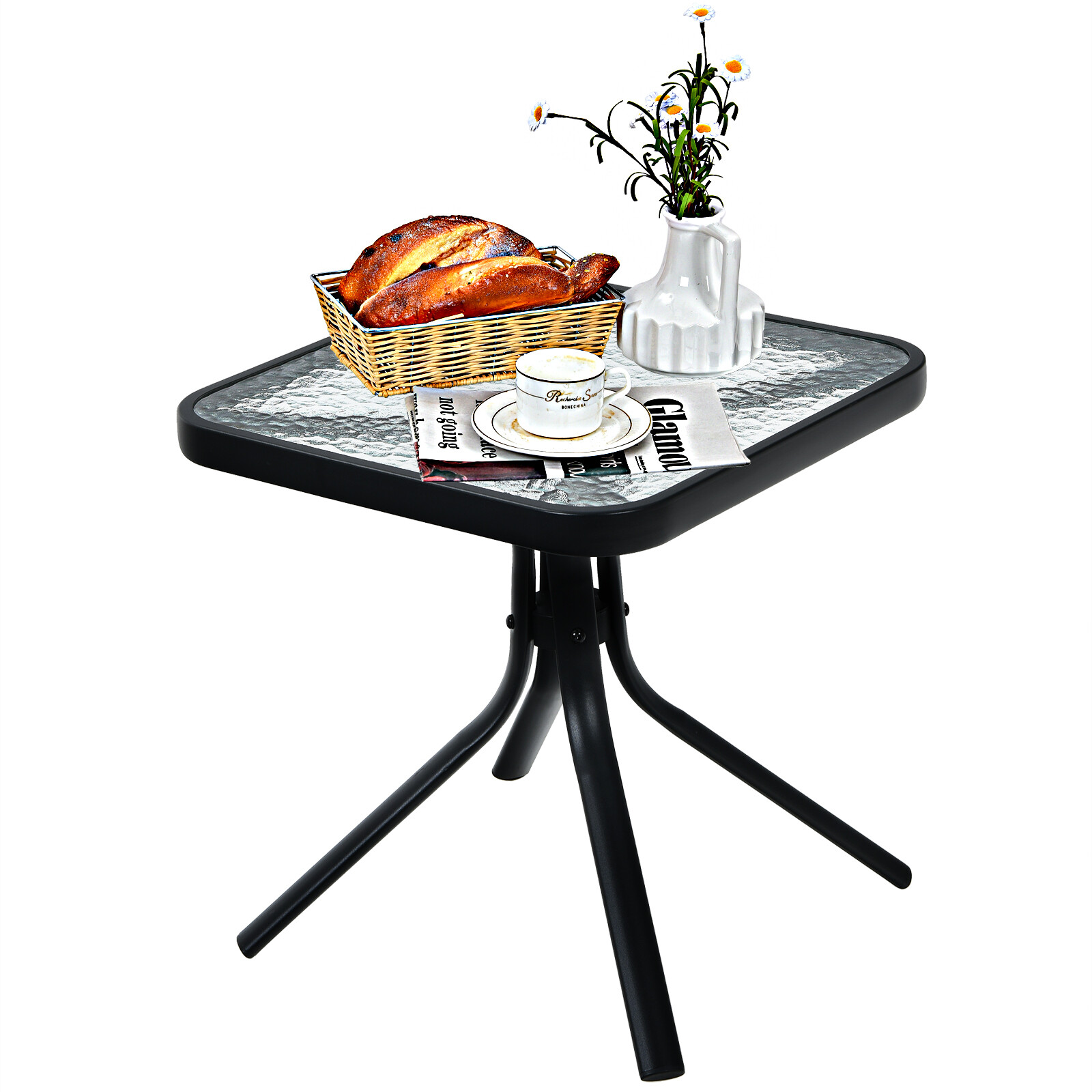 Patiojoy Patio Coffee Side Table 18″ Square Tempered Glass Top Garden Deck