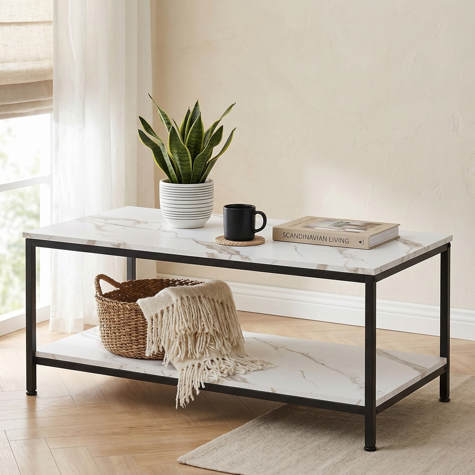 39″ Coffee Tables for Living Room White Center Table & Side Table with Storage