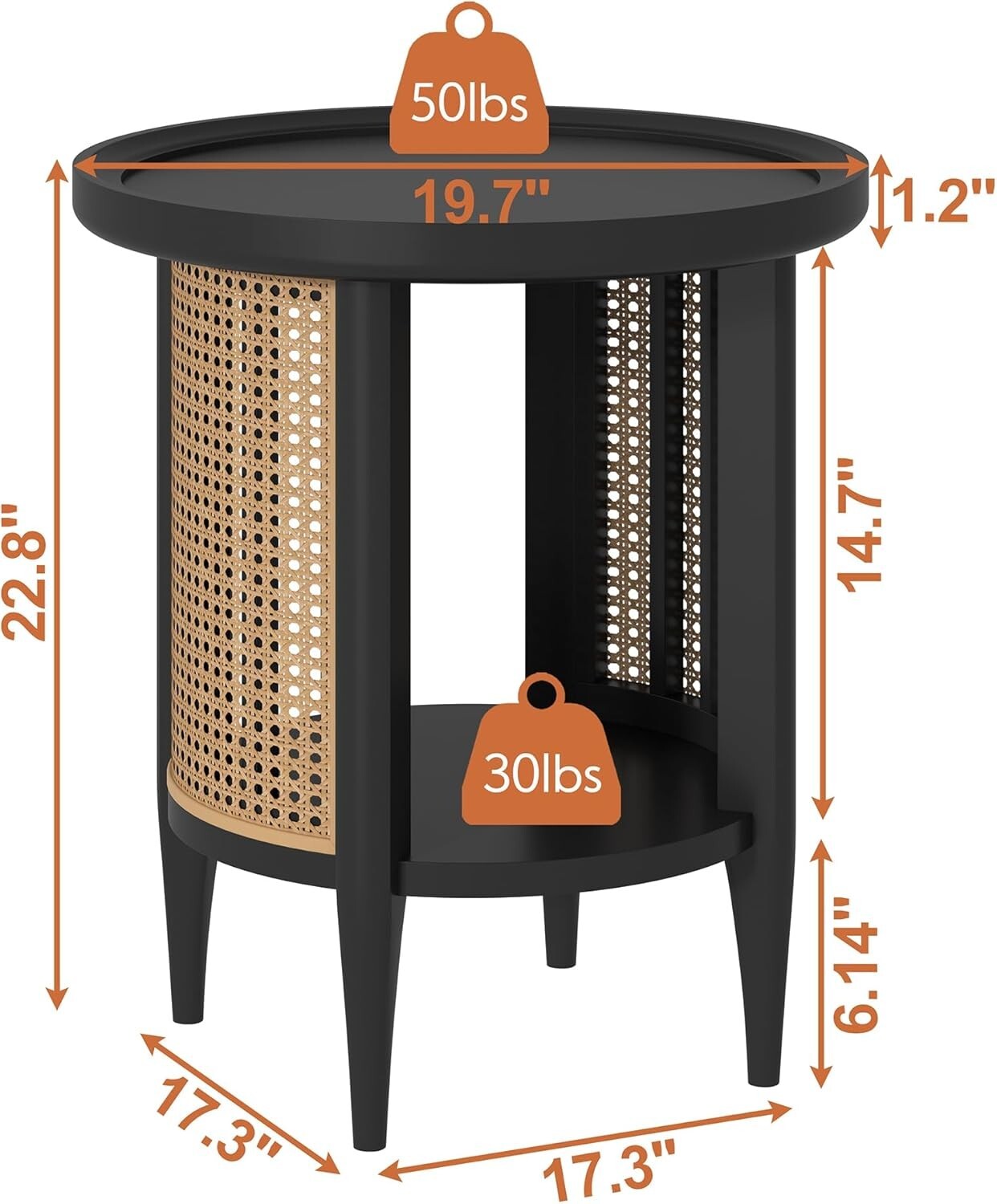 Yusong Round End Table Rattan Side Table with Solid Wood Legs, Boho Style Nights
