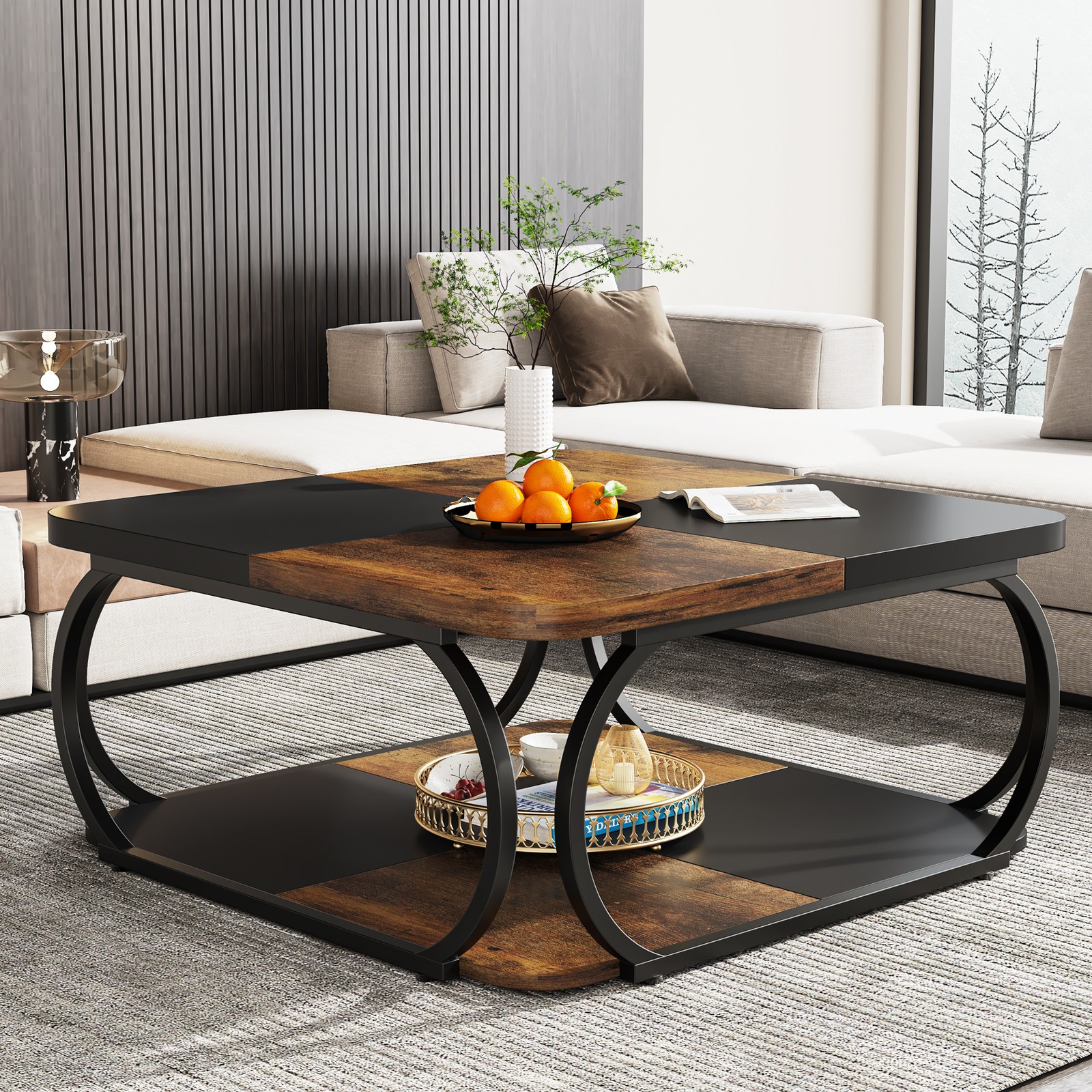 Tribesigns Square Wood Coffee Table w/ Metal Frame, Rustic Center Cocktai Table