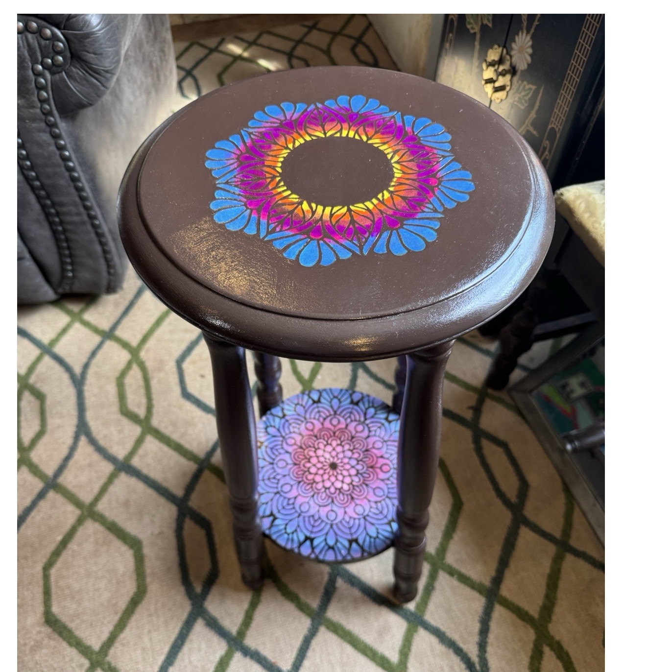 Round Brown Multicolor Wooden Side Table with Mandala Pattern for Living Room