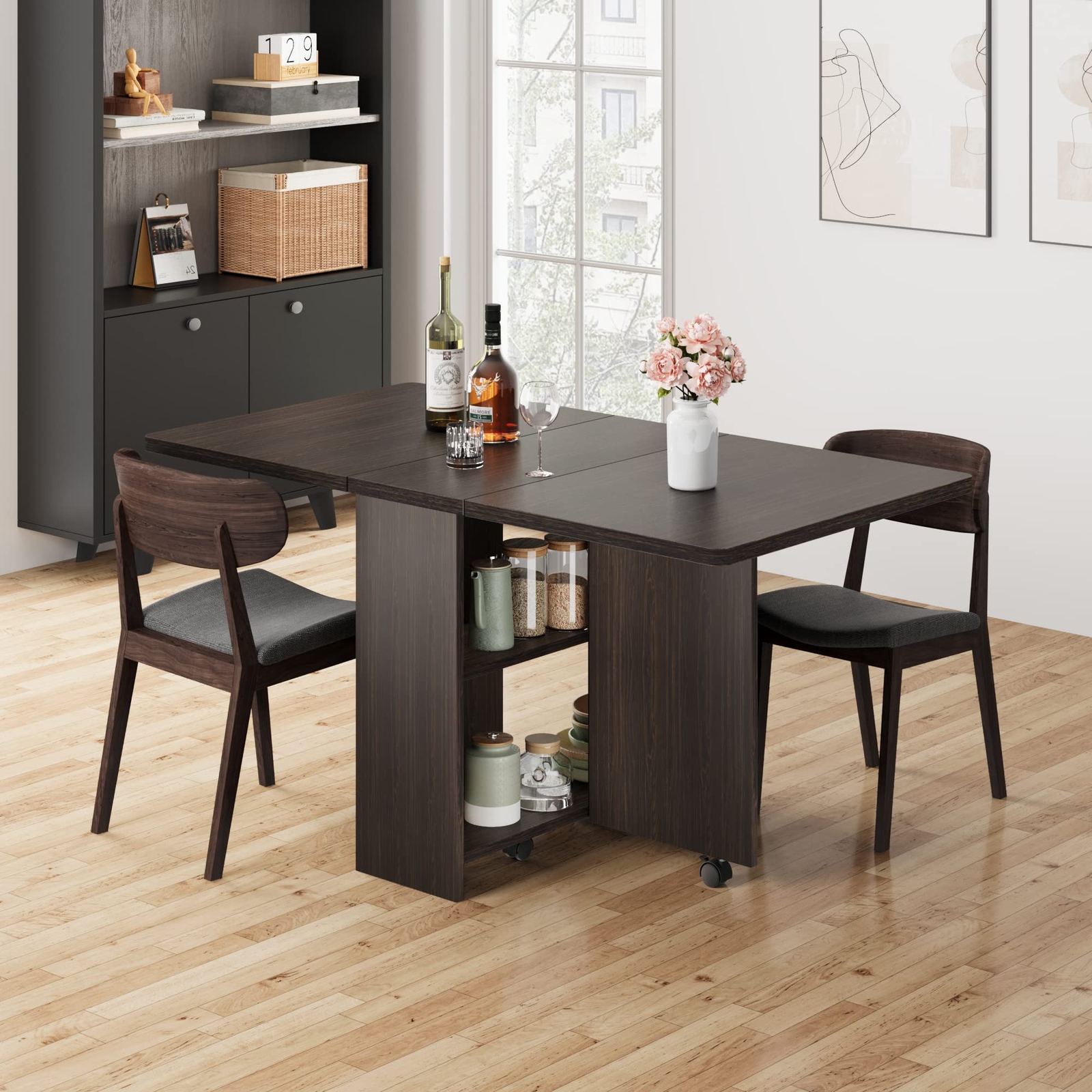 Folding Dining Table with 6 Wheels Storage Racks for Small Kitchen Saving Space