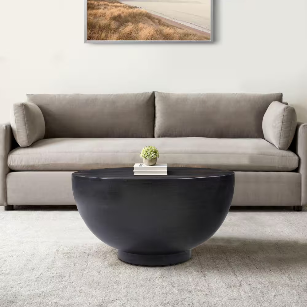 30 In. Matte Black round Drum Shape Solid Mango Wood Art Coffee Table with Platf