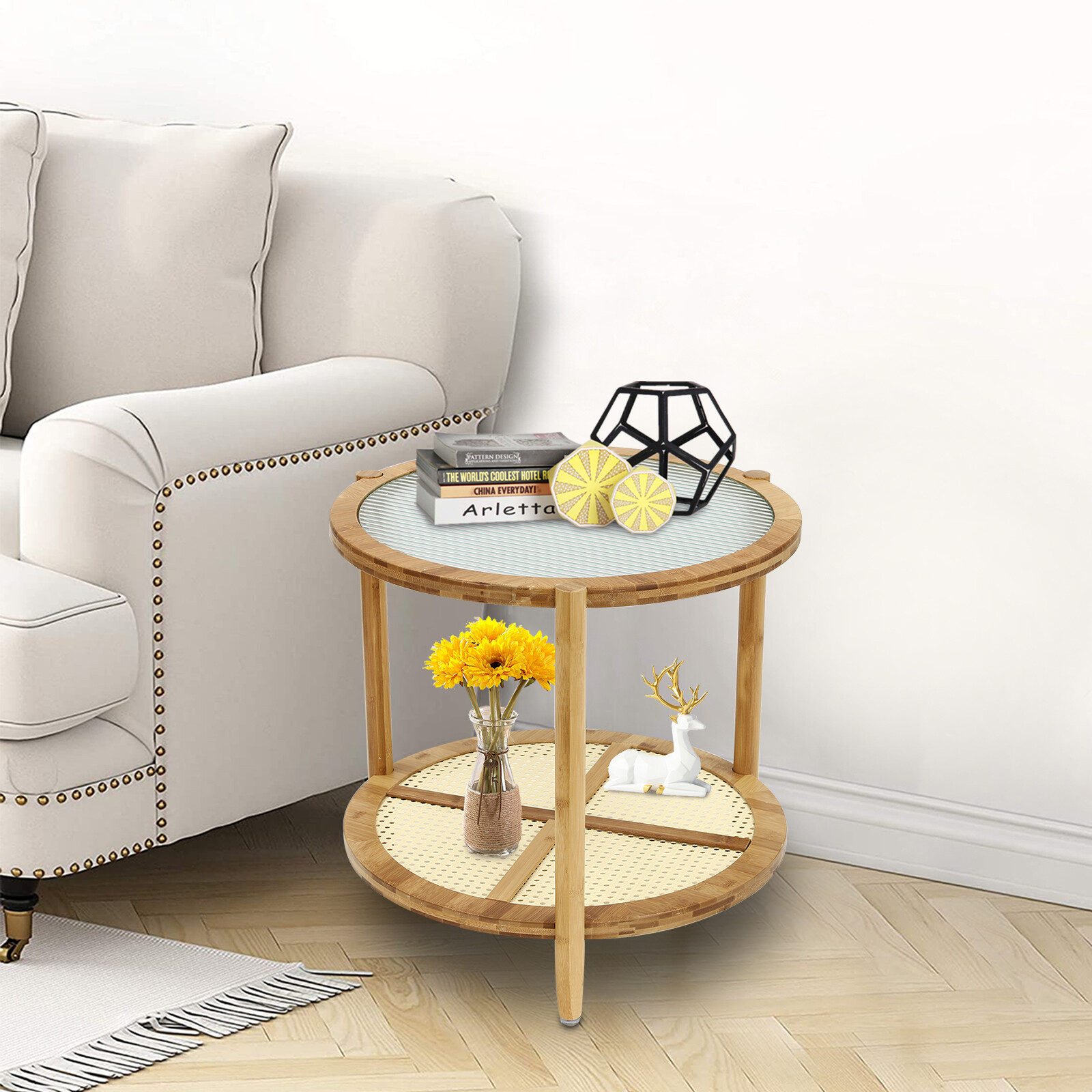 Round Coffee Table,Wood Living Room Table 2 Tiers Indoor End Table Free Standing