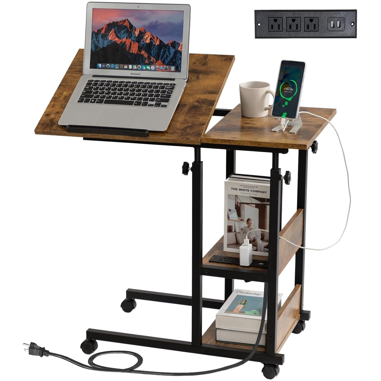 Height Adjustable C-Shaped End Table with Tilt Top & USB Charging – Rustic Brown