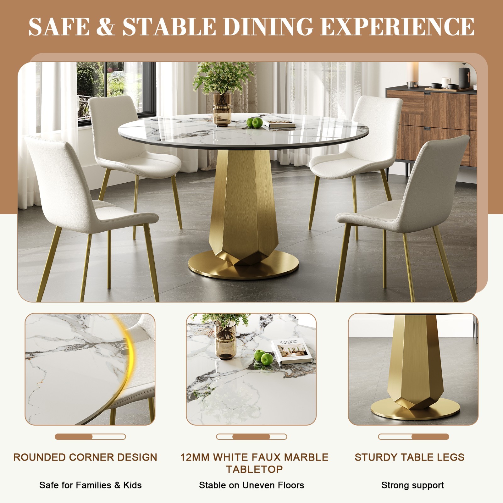 53″ Luxury Round Stone Table Gold Base Saves Space Fits 4-8