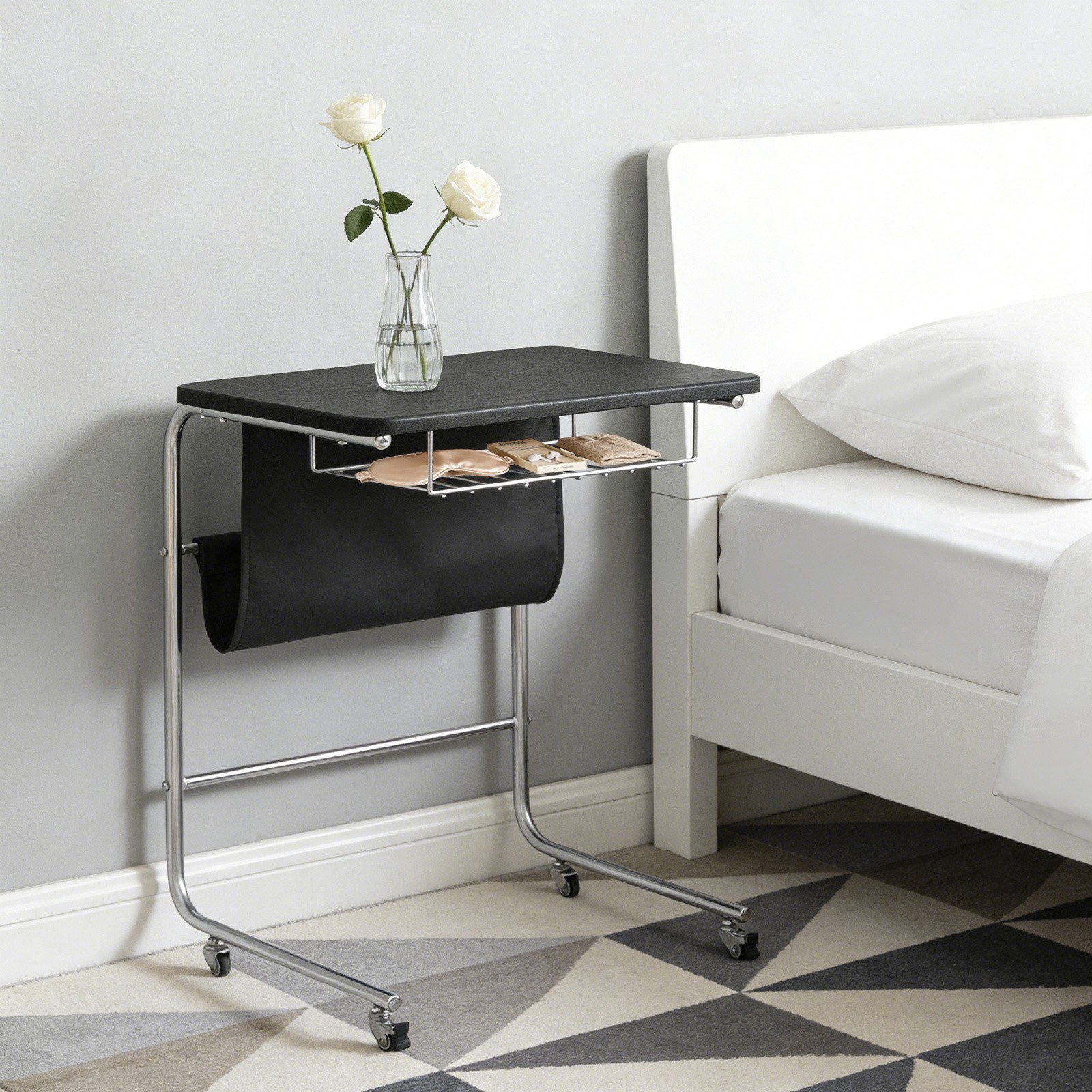 Sofa Side Table,Black C-Shaped End Table with Universal Wheels,cafes End Table