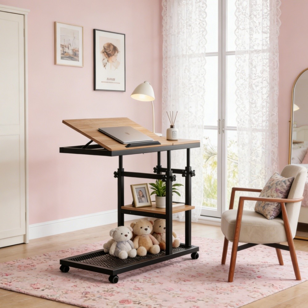 Adjustable C-Shaped Snack Table Couch Tray Table with Wheels