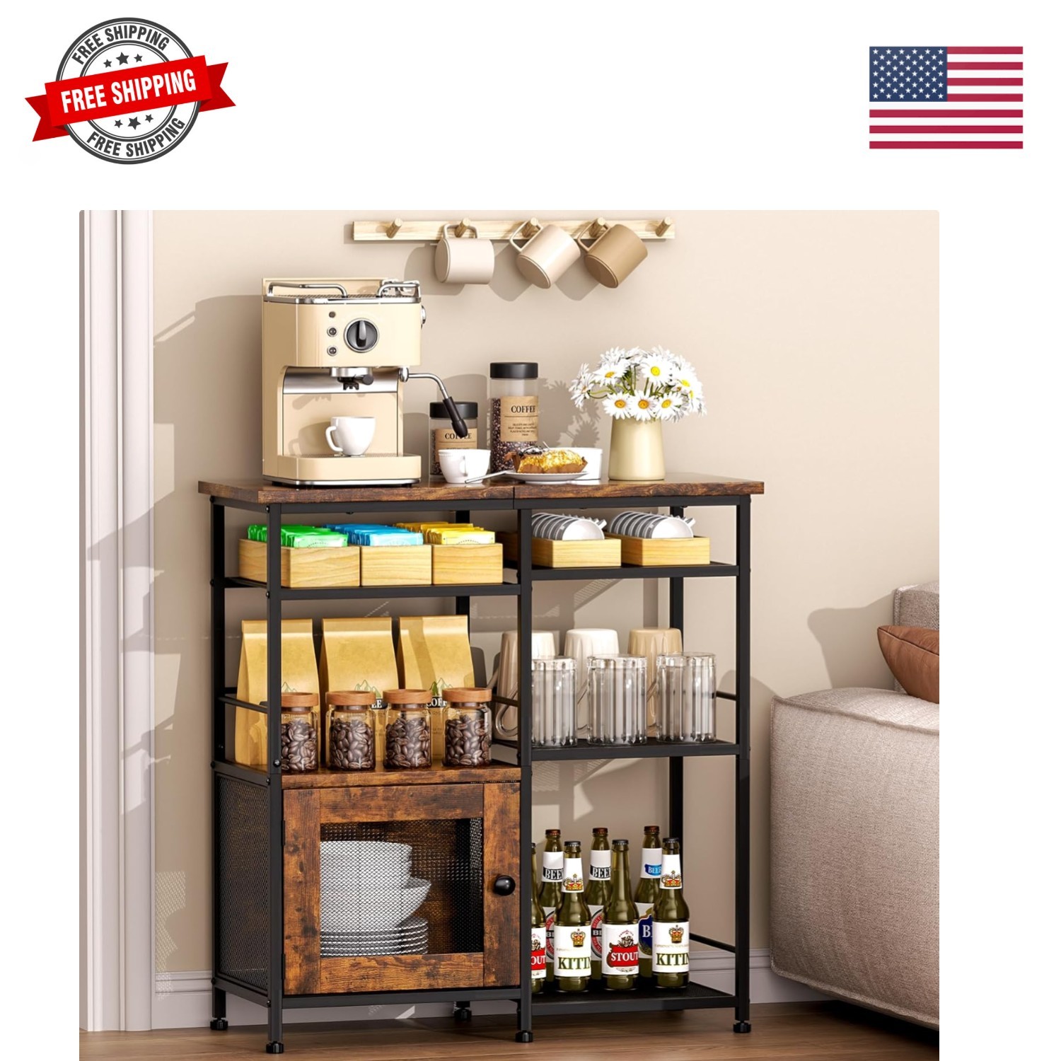 Coffee Bar Cabinet Station – Farmhouse Small Coffee Stand Station with Doors,…