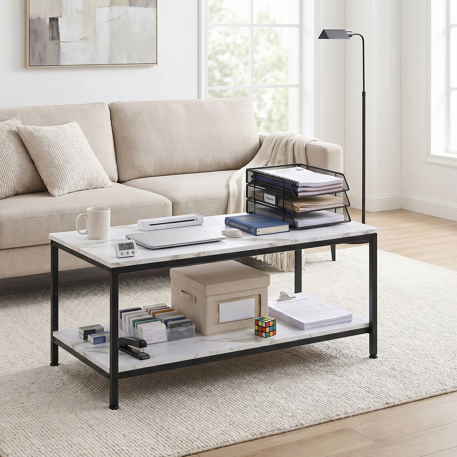 39″ Coffee Tables for Living Room White Center Table & Side Table with Storage