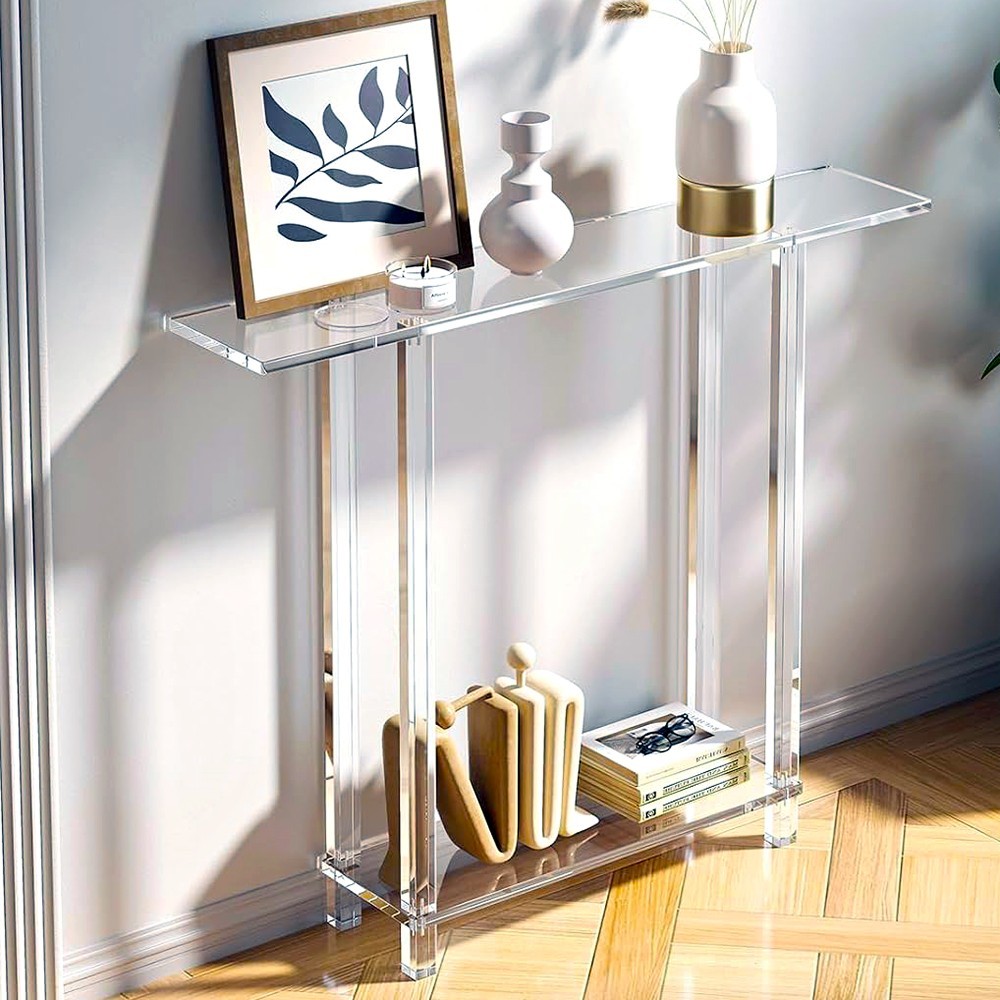 2-TIER MODERN TRANSPARENT NATURAL ACRYLIC NARROW CONSOLE END TABLE FOR ENTRYWAY