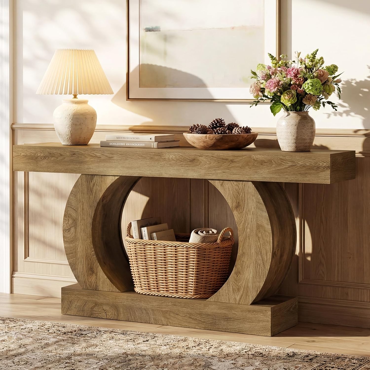 59-Inch Farmhouse Console Table, 2-Tier Wooded Curved Entryway Table for Hallway