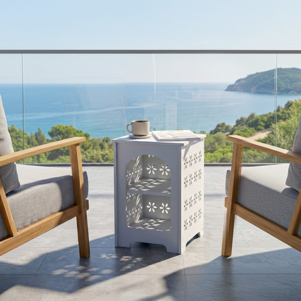 2-Tier Side Table with Storage Nightstand Opening For Indoor Outdoor White