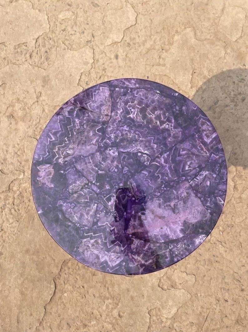 12″x12″ Natural Stone Amethyst Stone Center Table, Amethyst Round Side Table Top