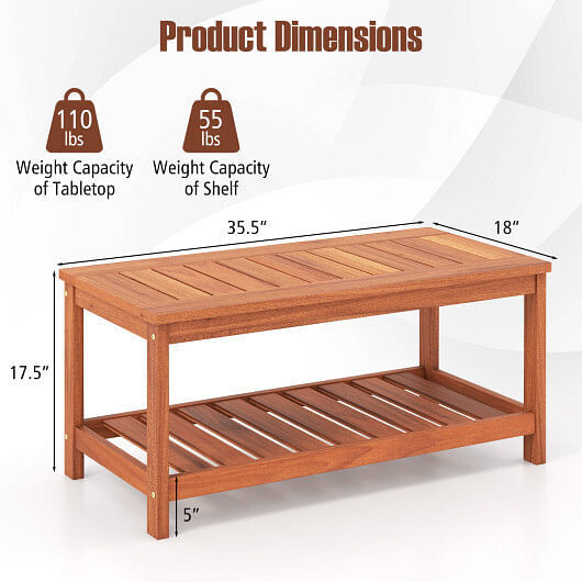 2-Tier Patio Coffee Table with Slatted Tabletop and Shelf – Color: Natural