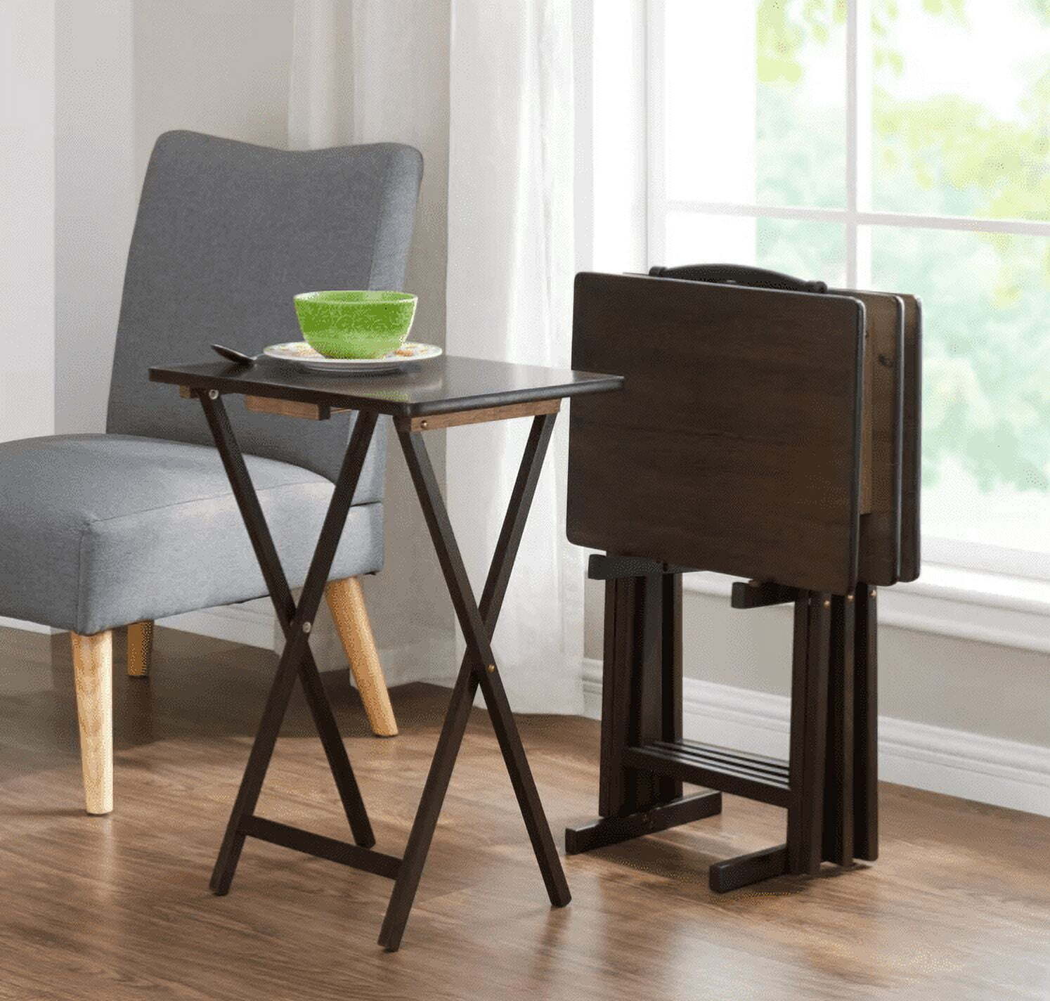 5-Piece TV Tray Table Set Folding L19″x W15″x H26″ (4 Trays, 1 Stand), Walnut