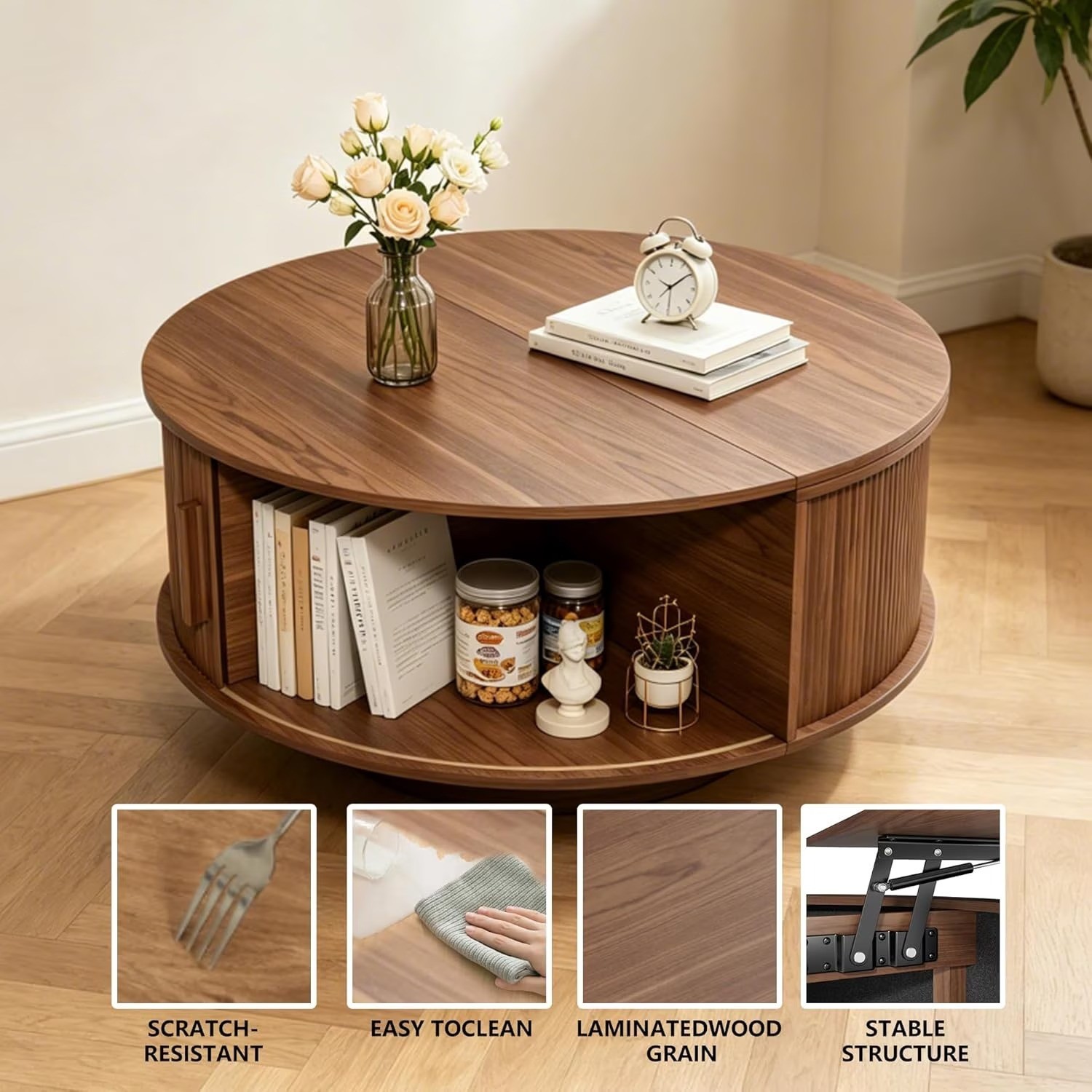 Lift Top Fluted Coffee Table with Storage/Hidden Compartment for Living Room