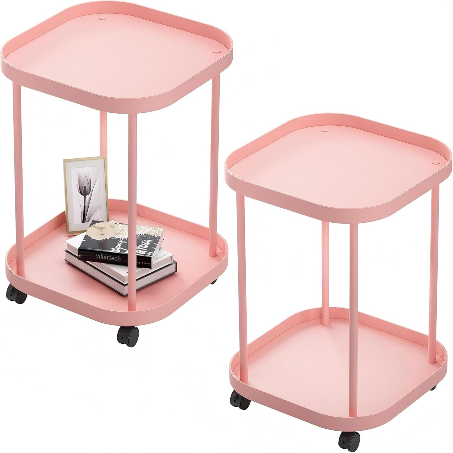 Pink Mobile Side Table with Wheels – 2 Pack for Living Room & Bedroom