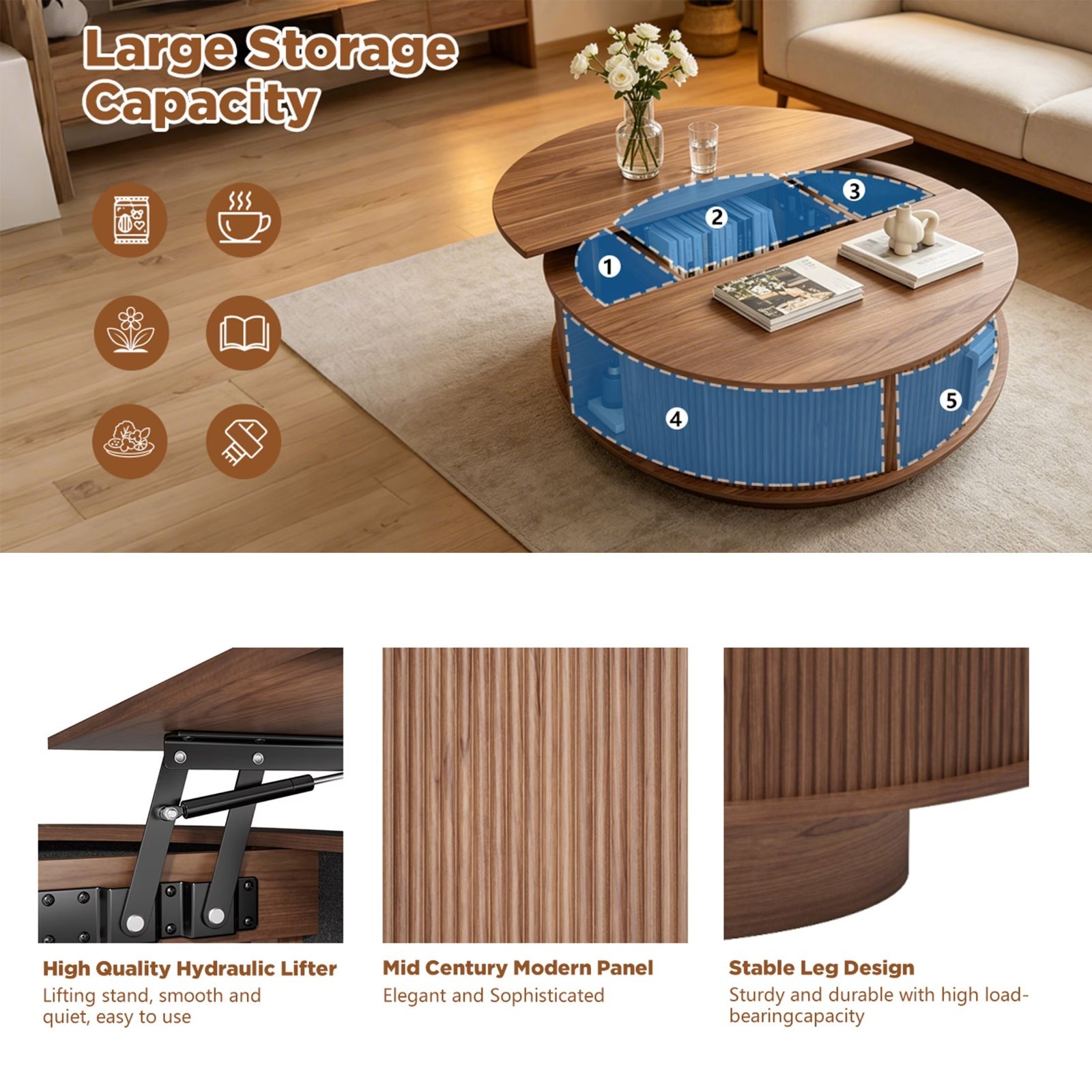 Lift Top Fluted Coffee Table with Storage/Hidden Compartment for Living Room