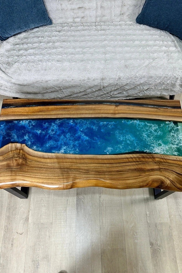 Handmade Live Edge Walnut Epoxy River Table | Ocean Blue Resin Coffee Table Live