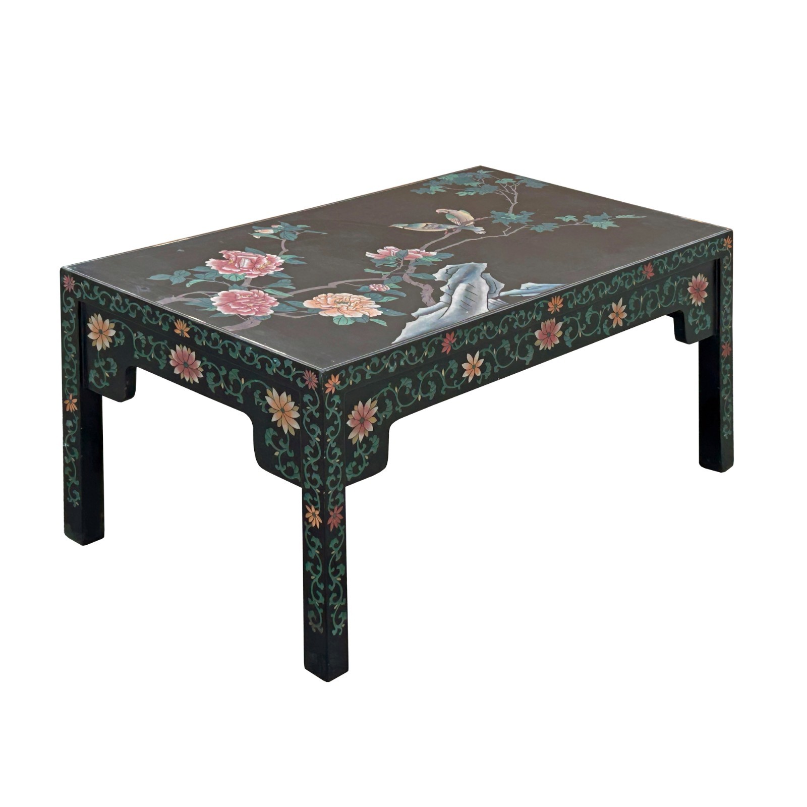 Chinese Black Lacquer Flower Birds Graphic Rectangular Low Coffee Table GB144