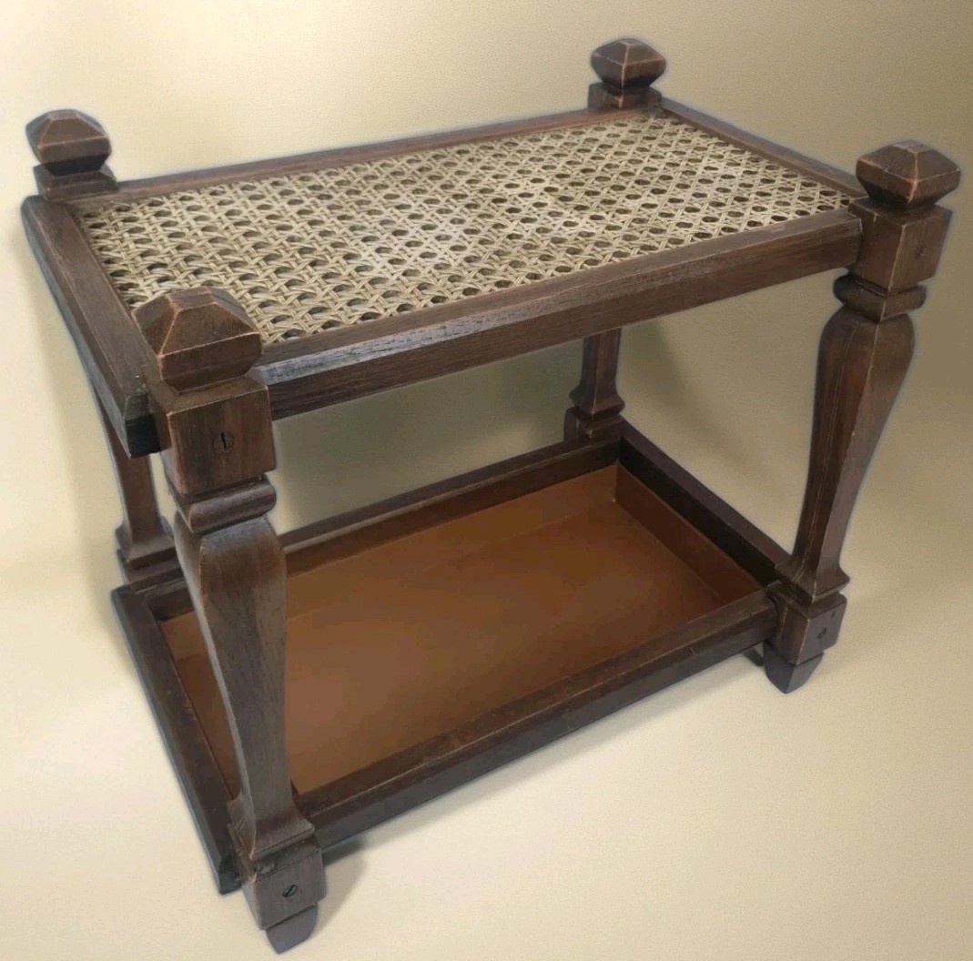 70s 2 Tier Side/End Table Faux Wood & Cane Molded Plastic Plant Stand Traditiona