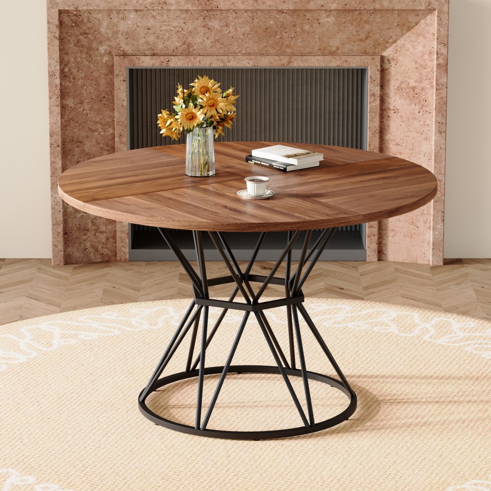 47.3″ Circular Dining Table, Walnut MDF Top, Black Hourglass Metal Base, for 4-6