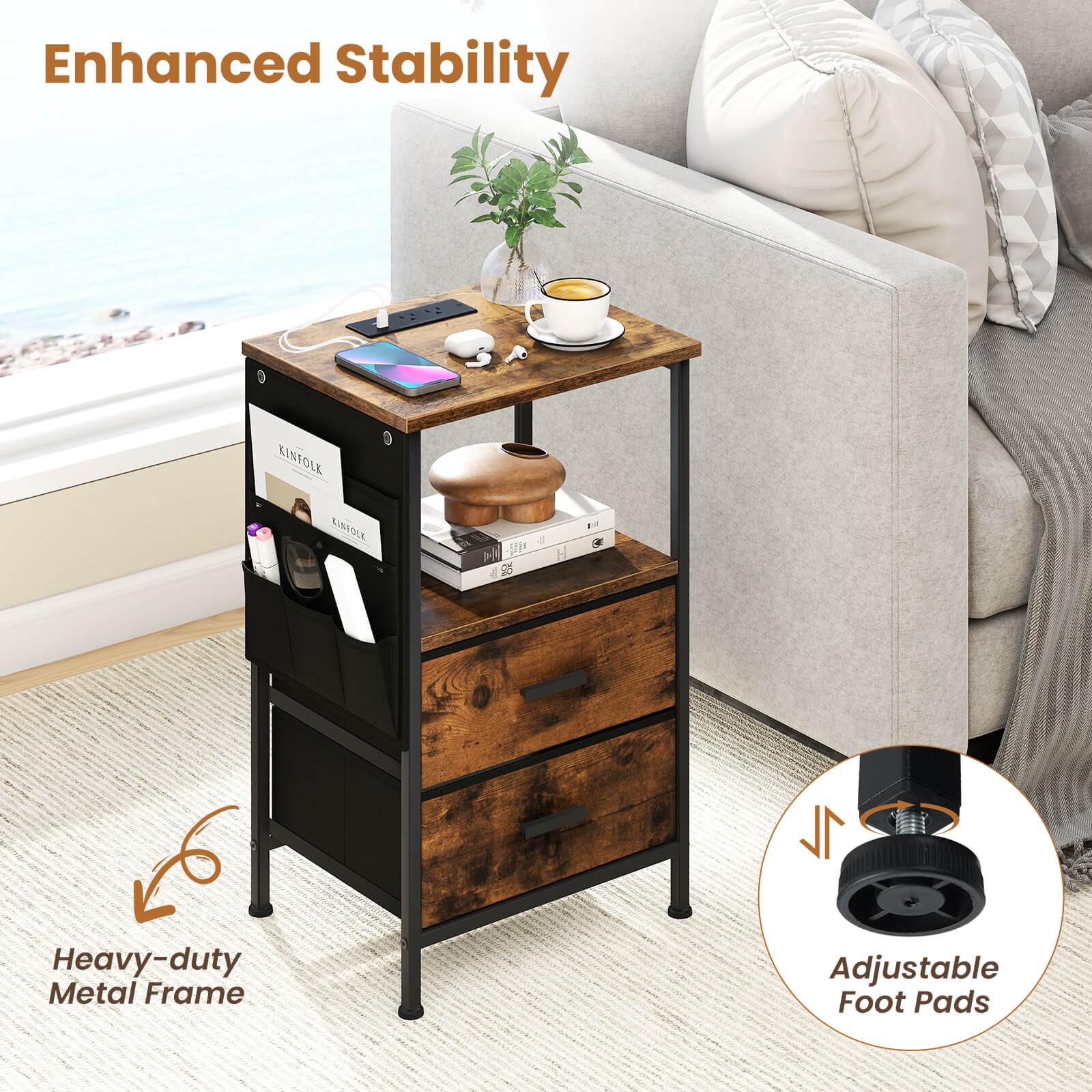 End Table w/Charging Station, 2 Folding Fabric Drawers, 6 Side Storage Pockets