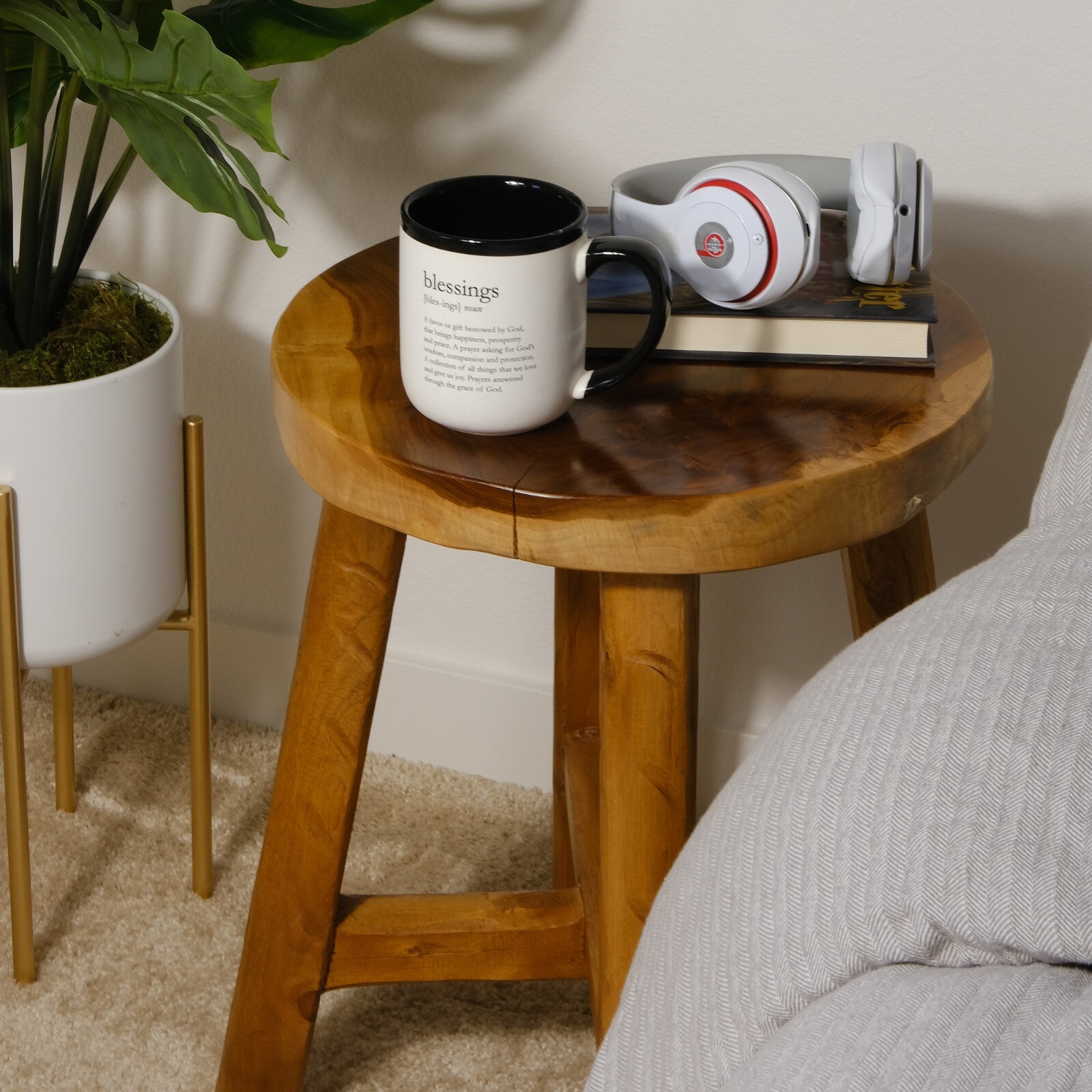 Rustic Teak Solid Wooden Stool Natural Round Side Table Bedside Table 19.5″ H