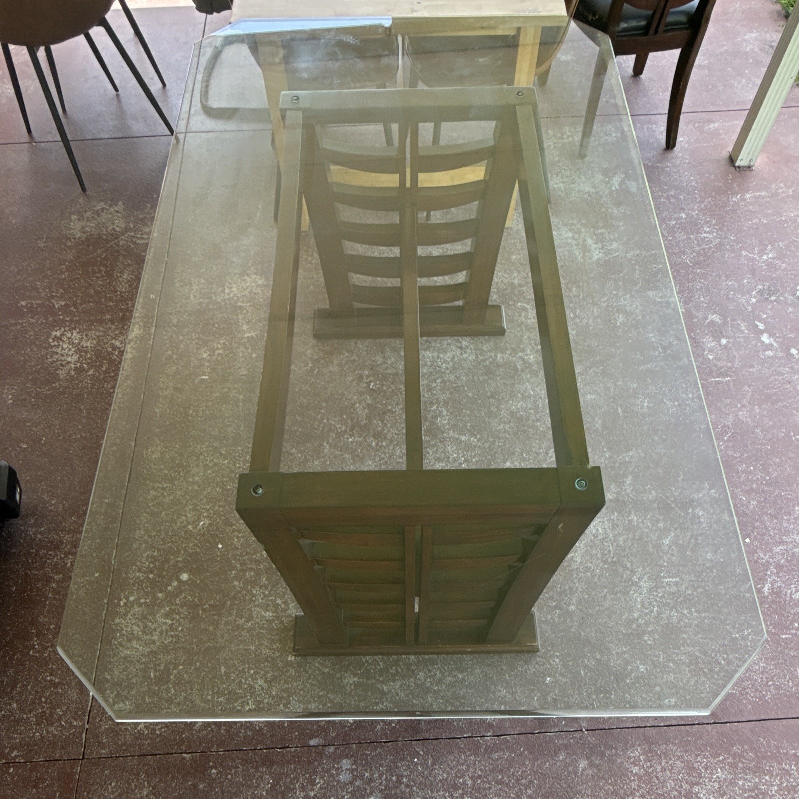 Rectangular Glass Top Dining Table, Medium Brown Wood Base 62x36x29 in