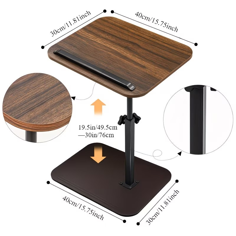 Walnut C-Shaped Sofa Side Table Adjustable Laptop Desk & Snack Tray for Bed/Couc