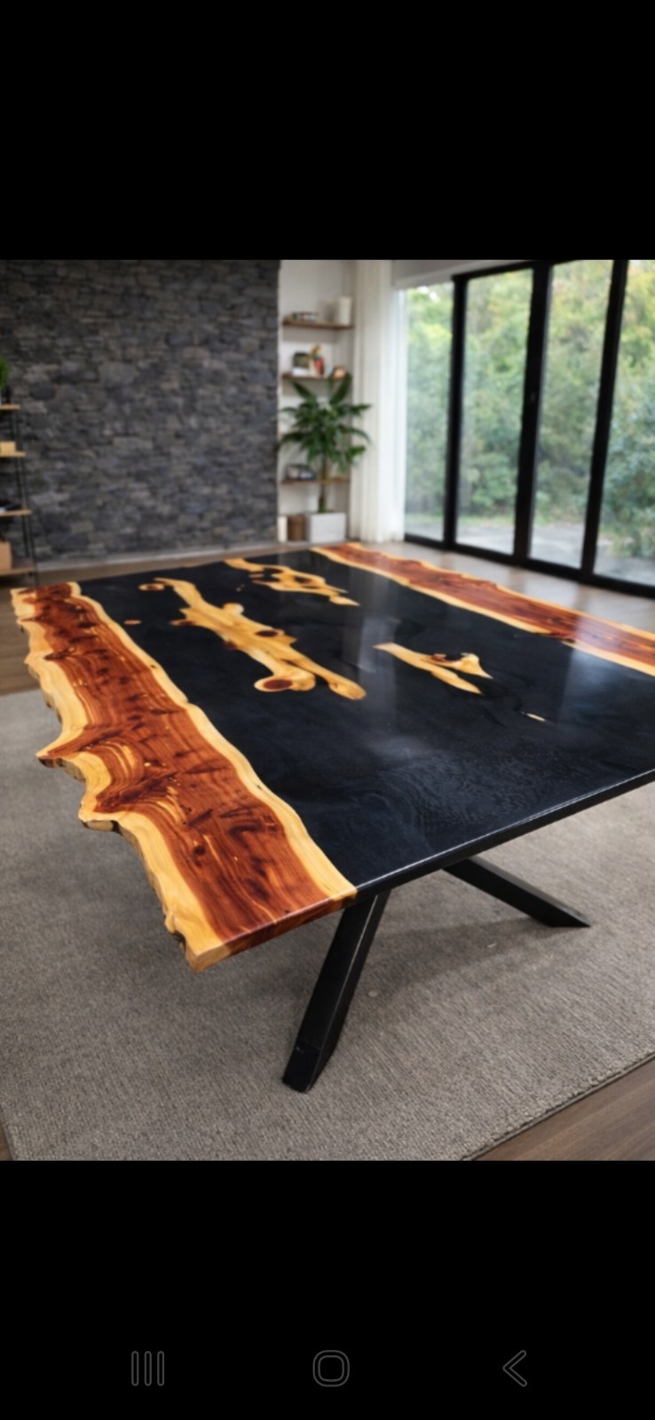 Kansas Cedar Live Edge Resin Rectangular Dining Table, Black/Brown Glossy Finish