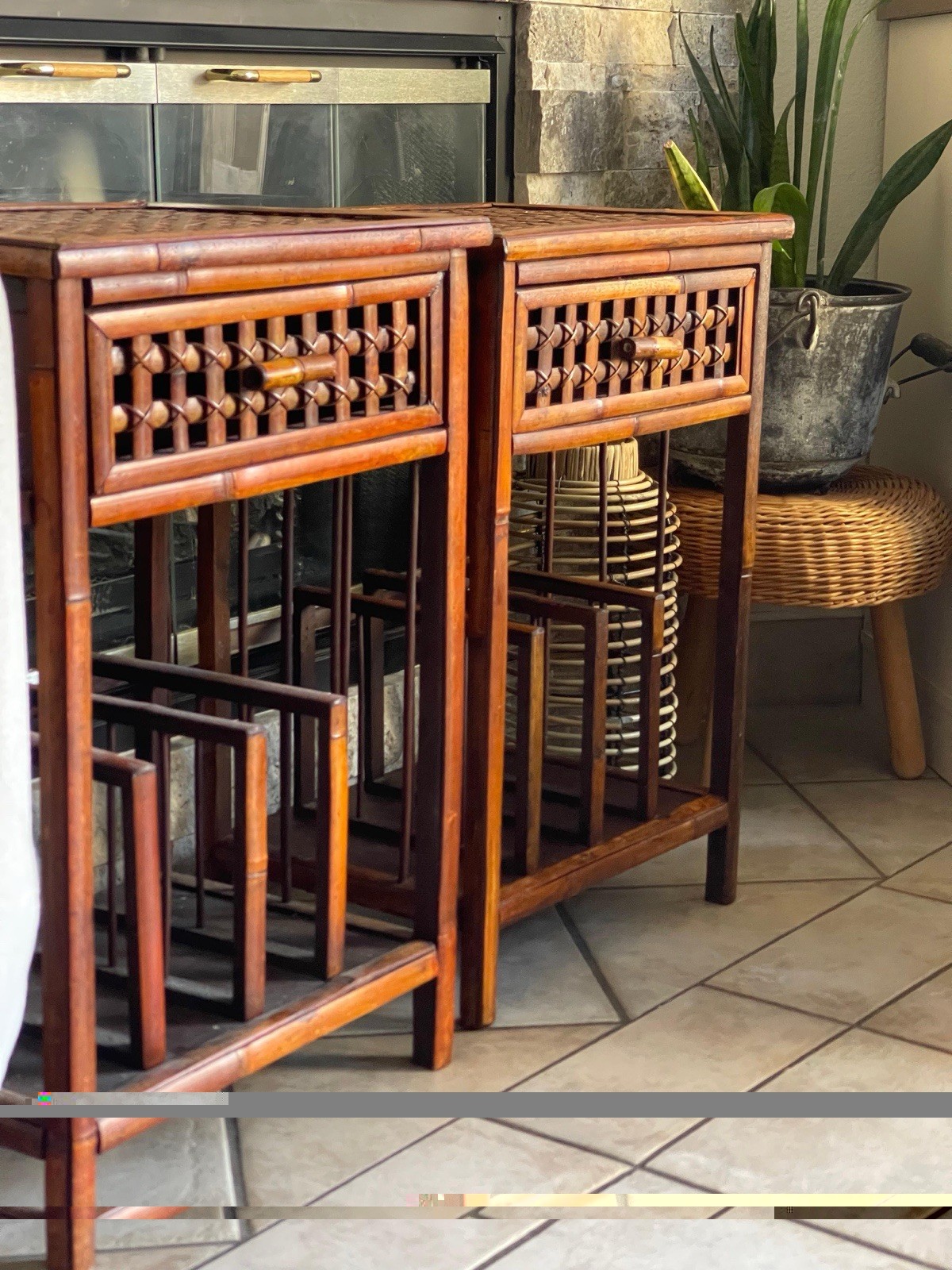 Boho Bamboo Rattan Wicker End Side Table with Magazine Rack & Drawer (Set Of 2)