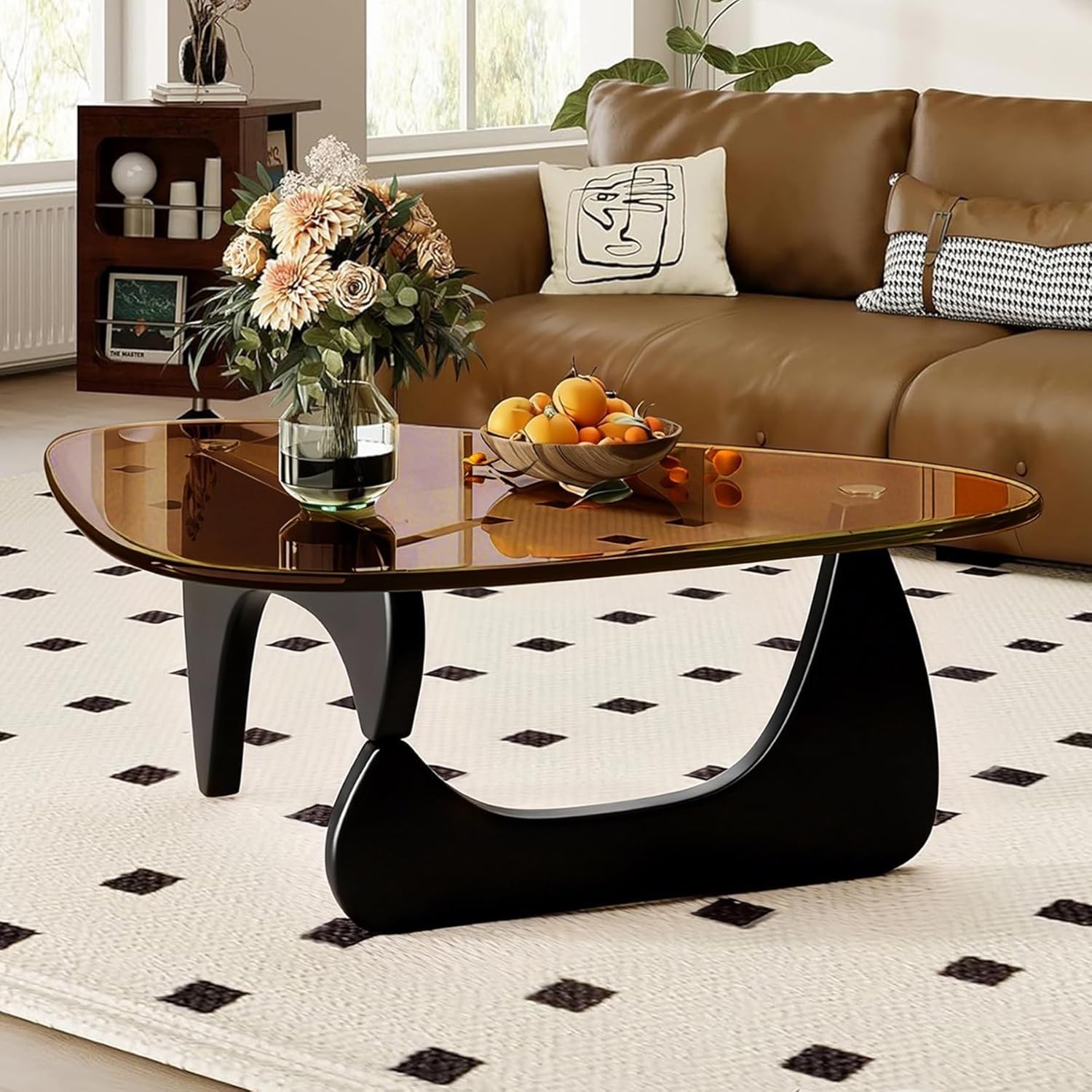Mid Century Black Coffee Table with Triangle Glass Top for Small Spaces