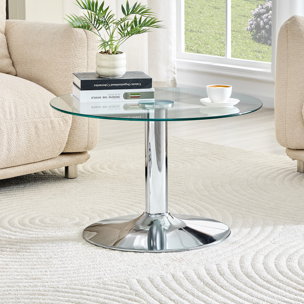27.5″ Round Glass Coffee Table, Silver Metal Base, Light Luxury Edge, 17.7″ Tall