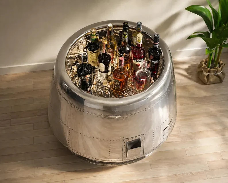 Aviator Aircraft Engine Cowling Bar Cabinet – Aluminum Airplane Aviation Stool