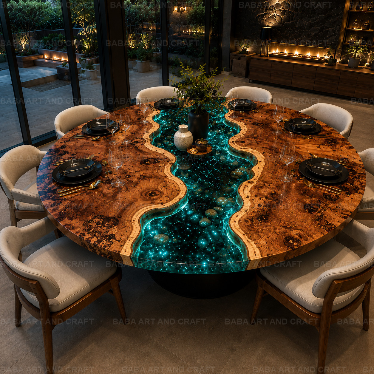Handmade Olive Burl Wood Blue Epoxy River Round Dining Table Top 24X24