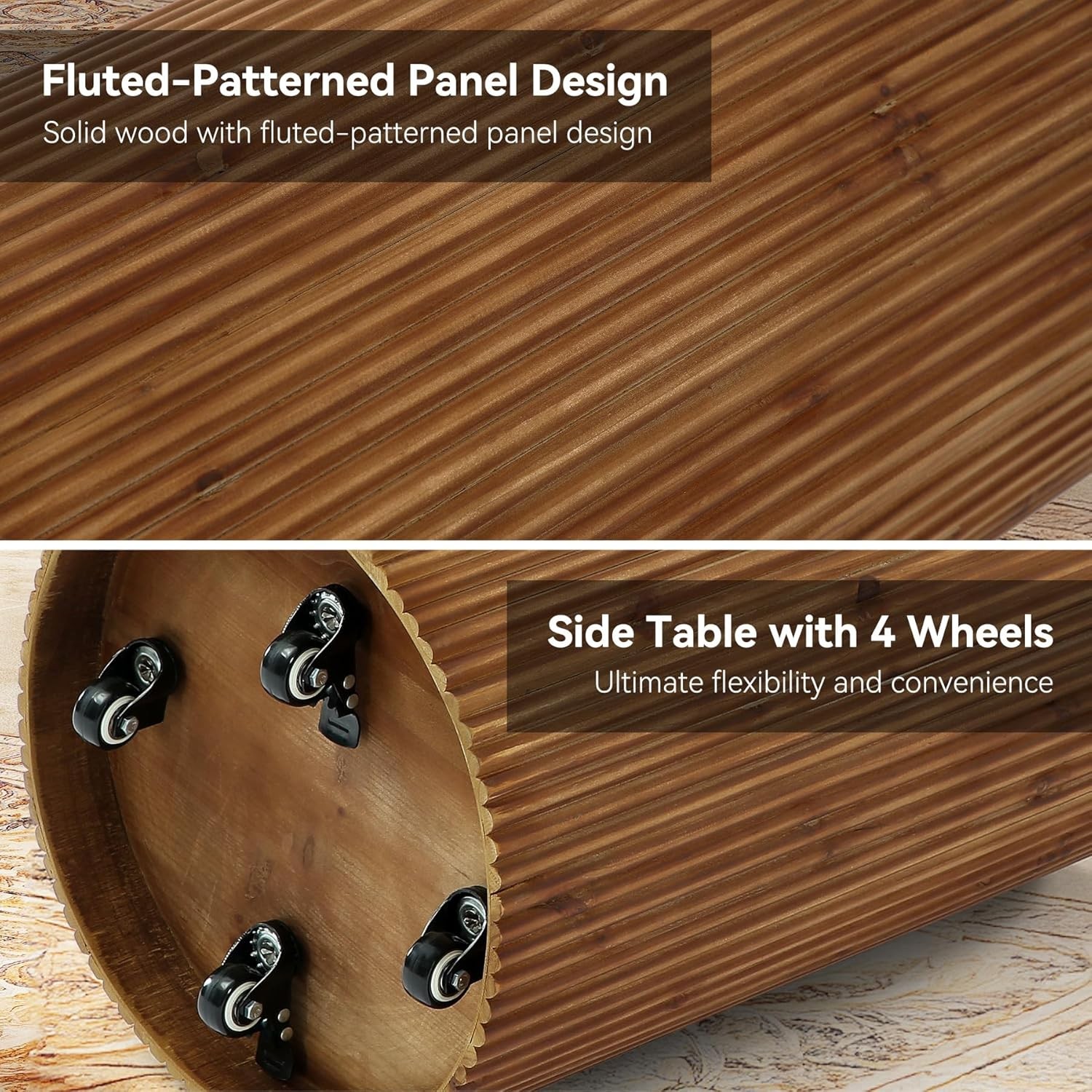 No-Assembly Solid Wood Round Side End Table with Storage+Wheels for Living Room