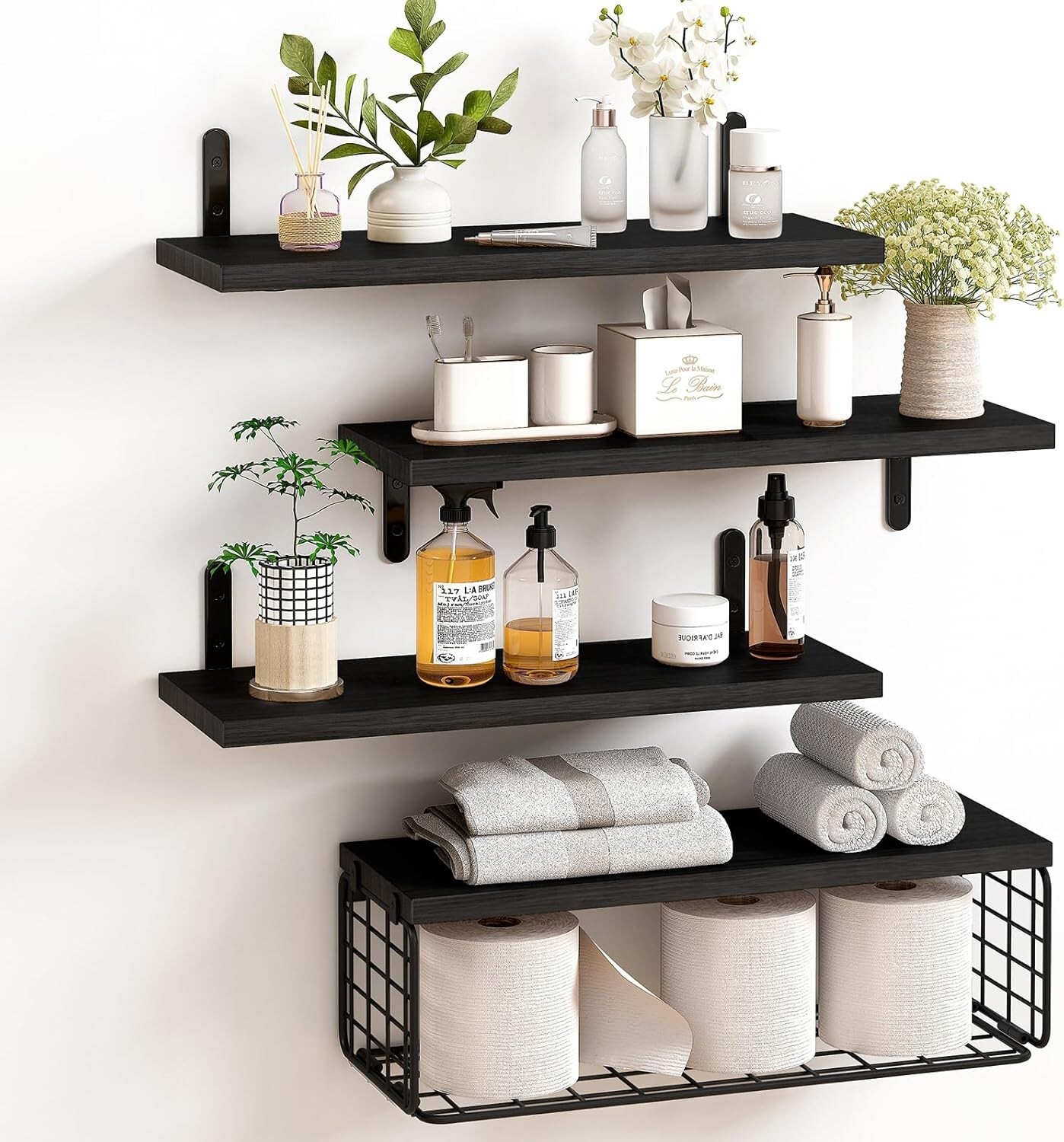 Fixwal 4+1 Tier Floating Rustic Wood Wall Shelves w/ Basket for Bathroom/Kitchen